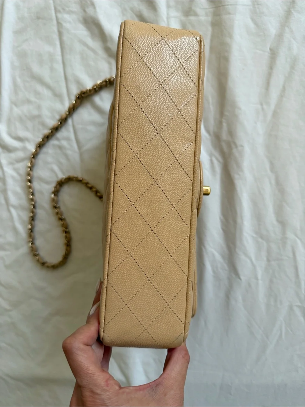 CHANEL Beige Quilted Medium Double Flap Bag with Gold Hardware